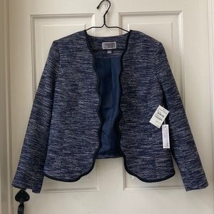 NWT Cropped Blazer - M - Navy Blue & White Tweed Pattern - Scallop Edge